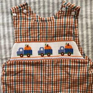 Adorable Smocked Pumpkin Trucks Plaid Jon Jon Longall Romper